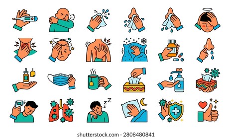 A set of line icons with flu and cold symptoms, including high temperature, coughing, runny nose, headache, sore throat, and body aches.