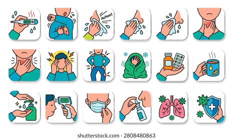 A set of line icons with flu and cold symptoms, including high temperature, coughing, runny nose, headache, sore throat, and body aches.