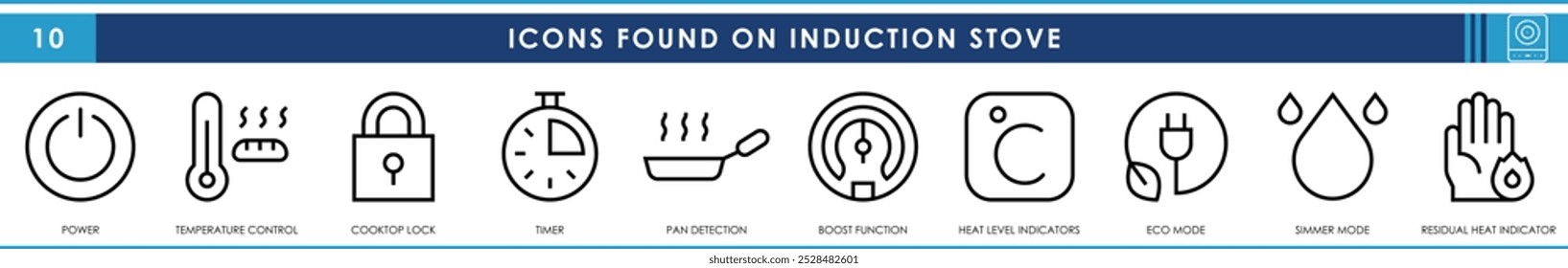 Um conjunto de ícones de linha encontrados no fogão de indução. Indução, fogão, ui, botão, digital, símbolos e assim por diante. Traçado editável de vetor.