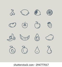 Set line icons fruit. Banana, apple, strawberry, cherry, pear, avocado, mango, lemon, peach. Vector illustration