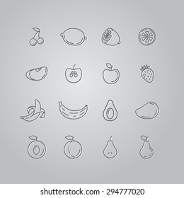 Set line icons fruit. Banana, apple, strawberry, cherry, pear, avocado, mango, lemon, peach. Vector illustration