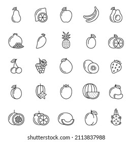 Set of line icons of fruits and berries on white background, vector illustration