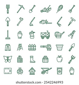 Set of Line Icons for Gardening, Agriculture, and Farming Tools. Minimalist Green Outline Collection