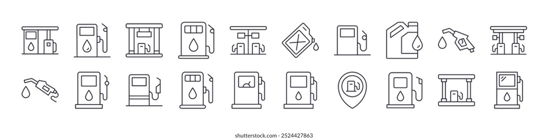 Conjunto de iconos de línea de gasolinera. Trazo Editable. Pictograma lineal minimalista para el diseño de tarjetas, App, Anuncios, publicaciones