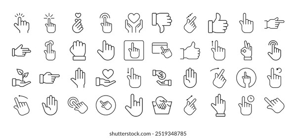 Set of Line Icons of Gesture, Hand, Cursor. Editable Stroke. Minimalistic Linear Pictogram for Design of Cards, Apps, Banners, Posts
