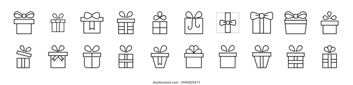 Set of line icons of giftbox. Editable stroke. Simple outline sign for web sites, newspapers, articles book