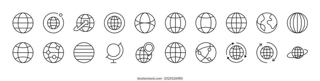 Set of Line Icons of Globe. Editable Stroke. Minimalistic Linear Pictogram for Design of Cards, Apps, Banners, Posts