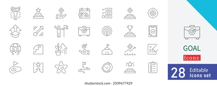 Definir Ícones de Linha da Ilustração do Estoque de Metas. contendo meta, alvo, conquista, sucesso, foco, determinação, sucesso, vitória, glória, campeão, foguete e mais traço