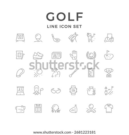 Set line icons of golf isolated on white. Trainer net, simulator, range finder, golfer, shoe, ball, clipboard, hole and flag, application. Vector illustration