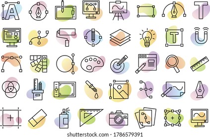 Establecer iconos de línea del diseño gráfico. Iconos lineales vectoriales simples en un plano de estilo moderno. Diseño gráfico, paquete creativo, software.
