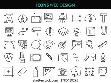 Set line icons of graphic design. Simple vector linear icons in a modern style flat. Graphic design, creative package, software.