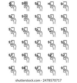 Satz von Zeilensymbolen der Hand, die mobile Anwendungen für Handel und Dienstleistungen verwenden.