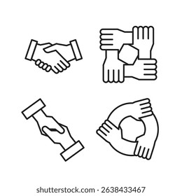 A set of line icons handshake and teamwork, partnership, unity, and collaboration.