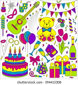 Set of line icons. Happy birthday and party events. Good elements for banners, invitation cards, anniversaries, etc.  Linear design. Vector outline illustration isolated on white.