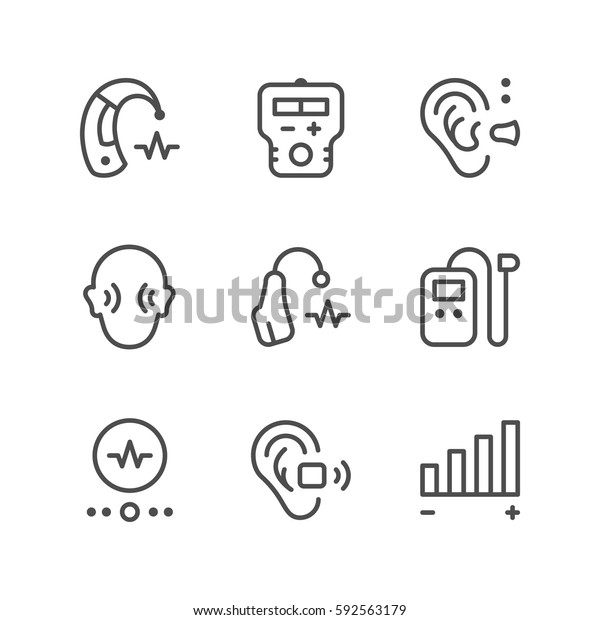Set line icons of hearing\
aid