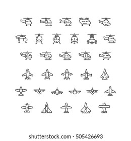 Set line icons of helicopters and planes