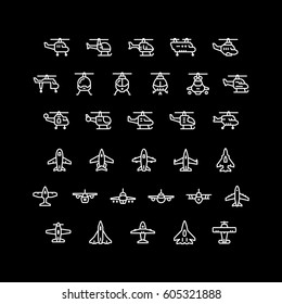 Set line icons of helicopters and planes