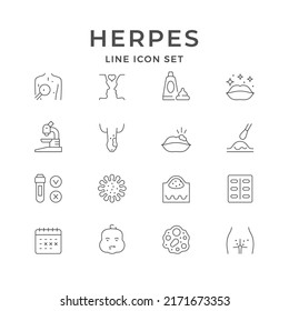 Set line icons of herpes isolated on white. Medical cream, inflectional disease, pill, bacteria or virus, skin problem, medical exam, kiss. Vector illustration