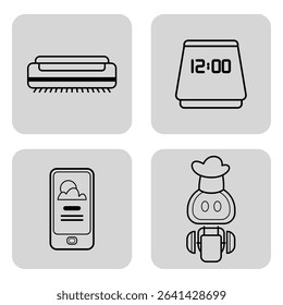 Set of line icons with home electronics, including vacuum cleaner, alarm clock, smartphone with weather, and robot. Everyday household items concept