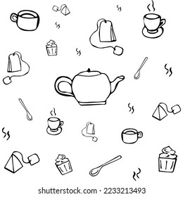 Juego de iconos de línea utensilios de mesa y de cocina. Ilustración vectorial de doodle dibujado a mano.