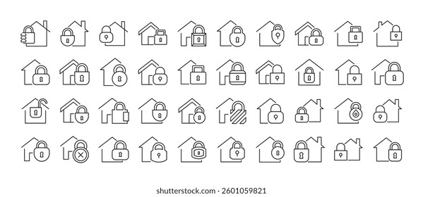 Set of Line Icons of House with Lock. Minimalistic Linear Pictogram for Web and Graphic Design, Apps, Banners, Social Network and Cards