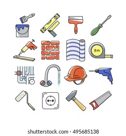 A set of line icons for house repair and building. Materials and tools for construction and home interior change. Outline icons in color  