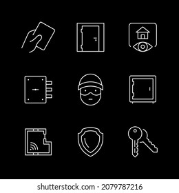 Set line icons of house security isolated on black