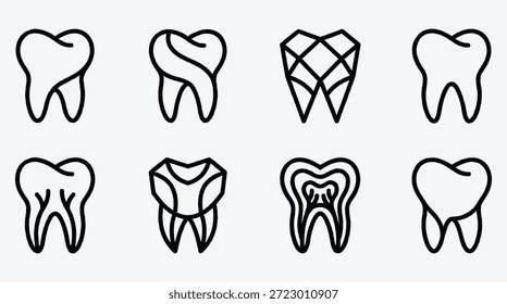 Set of line icons of human teeth in different shapes dental health