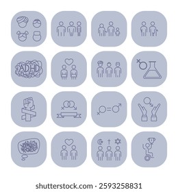 Set of line icons illustrating various social concepts, including relationships, mental health, and gender