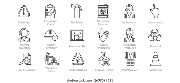 Set of line icons illustrating workplace safety and health. Clear symbols related to job protection and industrial security. Suitable for educational and corporate materials. Vector
