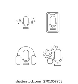Eine Reihe von Zeilensymbolen, einschließlich Mikrofon, Audiowellen, Smartphone, Kopfhörer und Einstellgeräte.