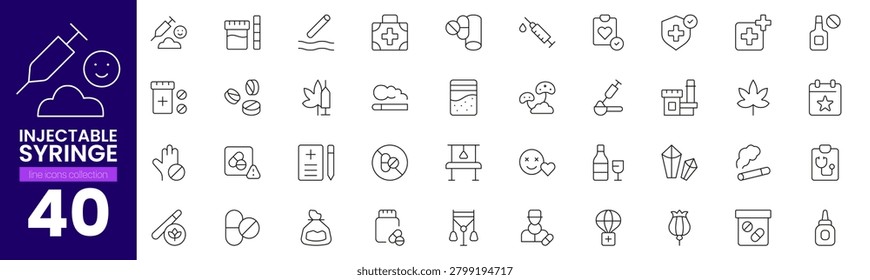 Set of line icons for injectable syringes, medication, and cannabis-related wellness.