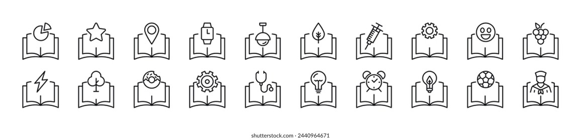 Conjunto de iconos de línea de artículos sobre libros. Trazo editable. Signo de esquema simple para sitios web, periódicos, libros de artículos