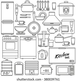 Set of line icons. Kitchen appliances and accessories. Oven and saucepan, fridge and teapot, stove and kettle. Contour icons. Info graphic elements. Simple design. Vector illustration. 