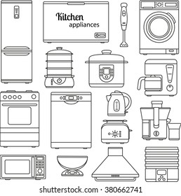 Set of line icons. Kitchen appliances. Oven and toaster, fridge and freezer, stove and dishwasher. Info graphic elements. Simple design. Vector illustration 