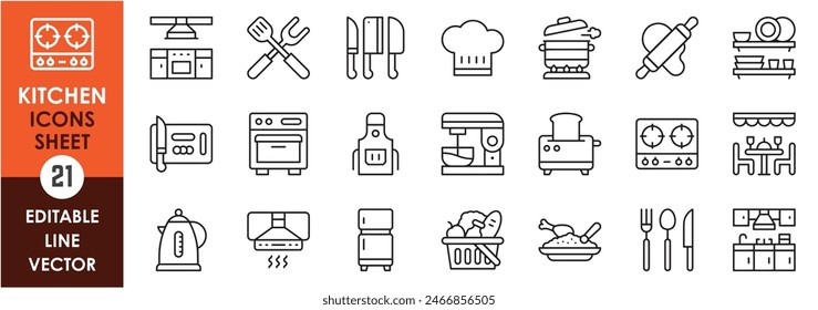 A set of line icons with kitchen items. Utensils, food, grocery, gas, stove, chimney, chopping board, coffee, oven and so on. Vector outline icons set.