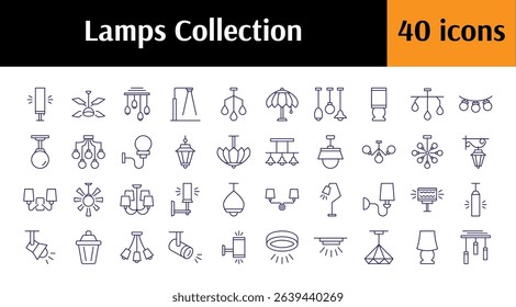 Set of Line Icons of Lamp, Luster, Light Bulb. Minimalistic Linear Pictogram for Web and Graphic Design, Apps, Banners, Social Network and Cards