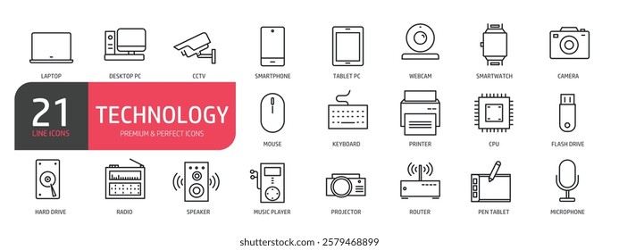 Set of line icons laptop, smartphone, smartwatch, tablet, webcam. Outline icons collection. Vector illustration. stock illustration