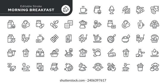 Set of line icons in linear style. Series - Breakfast, morning food, drinks and dishes.Outline icon collection. Conceptual pictogram and infographic.