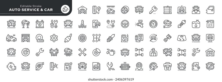 Set of line icons in linear style. Set - Car service, auto repair and tire fitting. Outline icon collection.Pictogram and infographic. Editable stroke