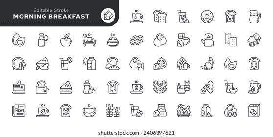 Conjunto de iconos de línea en estilo lineal. Serie - Desayuno, comida matutina, bebidas y platos.Esquema de colección de iconos. Pictograma conceptual e infografía.