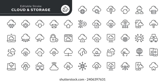 Set of line icons in linear style. Series - Cloud and Storage.Digital database, protection, transmission and server. Outline icon collection