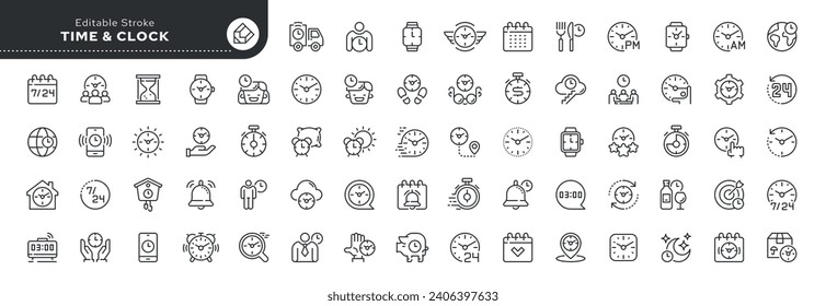 Set of line icons in linear style. Set - Time,clock, timer and calendar. Outline icon collection. Pictogram and infographic. Editable stroke.	