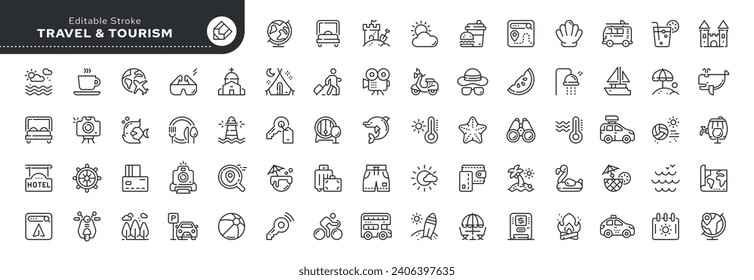 Set of line icons in linear style. Set -  Travel and tourism. Vacation, hotel stay and trip to the sea. Entertainment at the resort. Web line icon. Outline pictogram and infographic. Editable stroke.