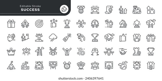 Set of line icons in linear style. Series - Success and victory.Career, personal growth, reward and goal achievement.Outline icon collection.Pictogram