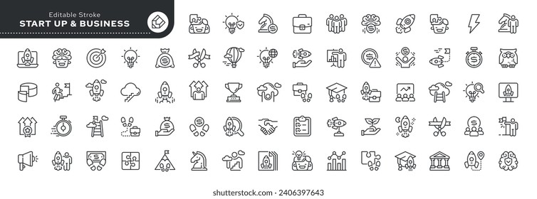 Set of line icons in linear style. Set - Start up, starting a business, marketing, financial and career start. Web line icon. Outline pictogram and infographic. Vector collection