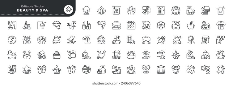 Set of line icons in linear style. Series - Spa salon, beauty. Skin, face, hair and body care. Outline icon collection. Pictogram and infographics.