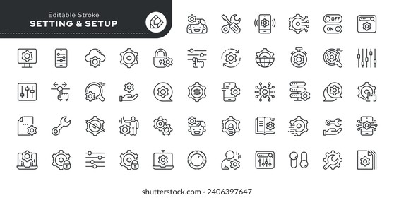 Set of line icons in linear style. Series - Settings and Setup. Option, installation, regulation and control tool. Outline icon collection. Pictogram and infographic. Editable stroke.