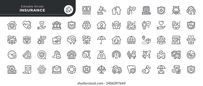 Set of line icons in linear style. Series - Insurance. Life, health, property, home and car.Medical, transport and bank. Outline icon collection.