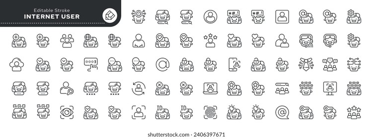 Set of line icons in linear style. Series - Internet User. Global and social network user. Conceptual pictogram and infographic.